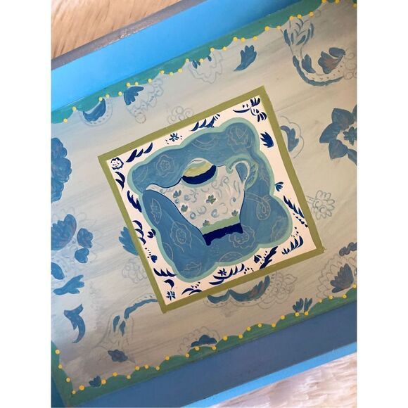 Vintage Hand Painted Wooden 10”X15” Blue Teacup Serving Tray - Picture 7 of 11